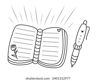 Black line notepad and pen, cute vector monochrome illustration