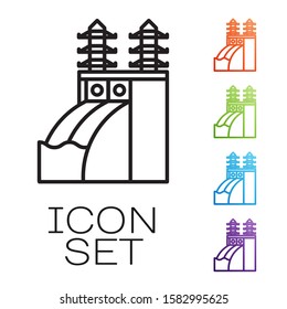 Black line Nuclear power plant icon isolated on white background. Energy industrial concept. Set icons colorful. Vector Illustration
