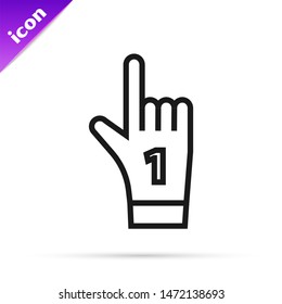 Black line Number 1 one fan hand glove with finger raised icon isolated on white background. Symbol of team support in competitions.  Vector Illustration