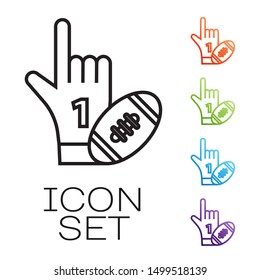 Black line Number 1 one fan hand glove with finger raised and american football ball icon isolated on white background. Set of sport equipment. Set icons colorful. Vector Illustration