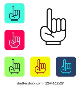 Black line Number 1 one fan hand glove with finger raised icon isolated on white background. Symbol of team support in competitions. Set icons in color square buttons. Vector Illustration