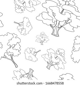 Black line oak and apple tree on white backdrop. Floral seamless pattern for wallpaper, wrap paper, bath tile or bed linen. Phone case or cloth print art. Minimal style stock vector illustration