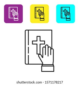 Black line Oath on the Holy Bible icon isolated on white background. The procedure in court. Truth and truth. Promise before god. Set icons colorful square buttons. Vector Illustration