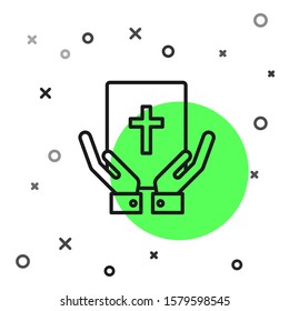 Black line Oath on the Holy Bible icon isolated on white background. The procedure in court. Truth and truth. Promise before god.  Vector Illustration