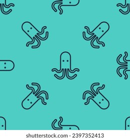Black line Octopus icon isolated seamless pattern on green background.  Vector