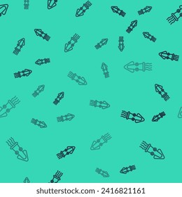 Black line Octopus icon isolated seamless pattern on green background.  Vector