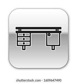 Black line Office desk icon isolated on white background. Silver square button. Vector Illustration