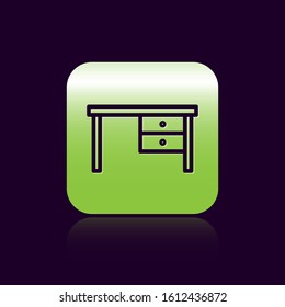 Black line Office desk icon isolated on black background. Green square button. Vector Illustration