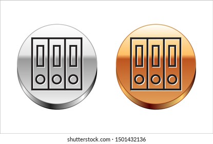Black line Office folders with papers and documents icon isolated on white background. Office binders. Archives folder sign. Silver-gold circle button. Vector Illustration