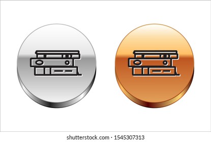 Black line Office folders with papers and documents icon isolated on white background. Office binders. Archives folder sign. Silver-gold circle button. Vector Illustration