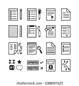 Black line office paper, documents and stationery signs icons set on white background