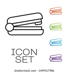 Black line Office stapler icon isolated on white background. Stapler, staple, paper, cardboard, office equipment. Set icons colorful. Vector Illustration