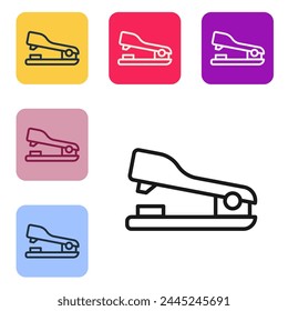 Black line Office stapler icon isolated on white background. Stapler, staple, paper, cardboard, office equipment. Set icons in color square buttons. Vector