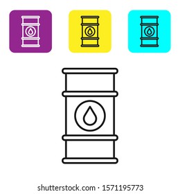 Black line Oil barrel line icon isolated on white background. Oil drum container. For infographics, fuel, industry, power, ecology. Set icons colorful square buttons. Vector Illustration
