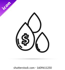 Black line Oil drop with dollar symbol icon isolated on white background.  Vector Illustration