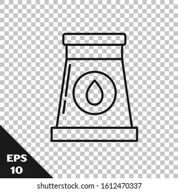 Black line Oil and gas industrial factory building icon isolated on transparent background.  Vector Illustration