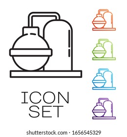 Black line Oil and gas industrial factory building icon isolated on white background. Set icons colorful. Vector Illustration