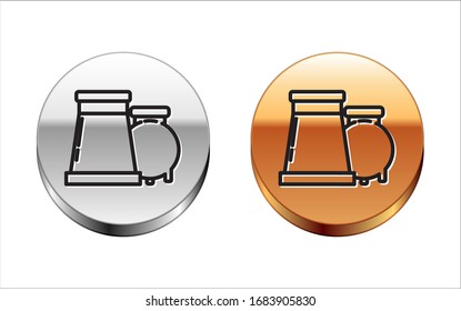 Black line Oil and gas industrial factory building icon isolated on white background. Silver-gold circle button. Vector Illustration