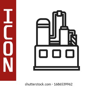 Black line Oil and gas industrial factory building icon isolated on white background.  Vector Illustration