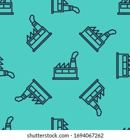 Black line Oil and gas industrial factory building icon isolated seamless pattern on green background.  Vector Illustration