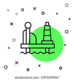Black line Oil platform in the sea icon isolated on white background. Drilling rig at sea. Oil platform, gas fuel, industry offshore.  Vector