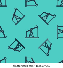 Black Line Oil Pump Or Pump Jack Icon Isolated Seamless Pattern On Green Background. Oil Rig.  Vector Illustration