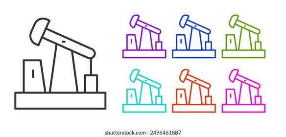 Black line Oil pump or pump jack icon isolated on white background. Oil rig. Set icons colorful. Vector