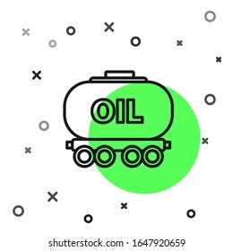 Black line Oil railway cistern icon isolated on white background. Train oil tank on railway car. Rail freight. Oil industry.  Vector Illustration