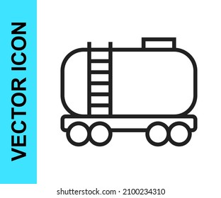 Black line Oil railway cistern icon isolated on white background. Train oil tank on railway car. Rail freight. Oil industry.  Vector