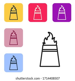 Black line Oil rig with fire icon isolated on white background. Fire accident. Gas tower. Industrial object. Set icons in color square buttons. Vector Illustration