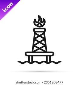 Black line Oil rig with fire icon isolated on white background. Gas tower. Industrial object.  Vector Illustration