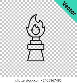 Plataforma de aceite de línea negra con icono de fuego aislado en fondo transparente. Incendio. Torre de gas. Objeto industrial.  Vector