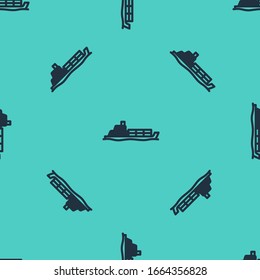 Black line Oil tanker ship icon isolated seamless pattern on green background.  Vector Illustration