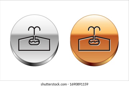 Black line Oilfield icon isolated on white background. Natural resources, oil and gas production. Silver-gold circle button. Vector Illustration