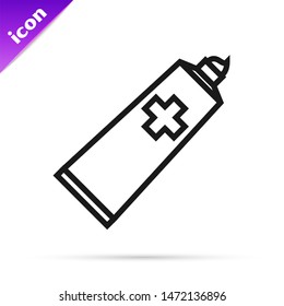 Black line Ointment cream tube medicine icon isolated on white background. Tube, container, toothpaste, cream sign.  Vector Illustration