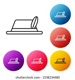 Black line Oktoberfest hat icon isolated on white background. Hunter hat with feather. German hat. Set icons colorful circle buttons. Vector Illustration