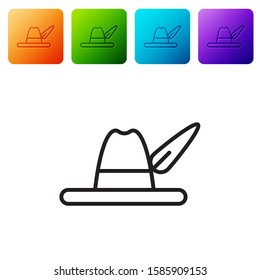 Black line Oktoberfest hat icon isolated on white background. Hunter hat with feather. German hat. Set icons in color square buttons. Vector Illustration