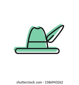 Black line Oktoberfest hat icon isolated on white background. Hunter hat with feather. German hat.  Vector Illustration