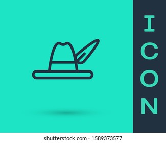 Black line Oktoberfest hat icon isolated on green background. Hunter hat with feather. German hat.  Vector Illustration