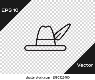 Black line Oktoberfest hat icon isolated on transparent background. Hunter hat with feather. German hat.  Vector Illustration