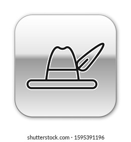 Black line Oktoberfest hat icon isolated on white background. Hunter hat with feather. German hat. Silver square button. Vector Illustration