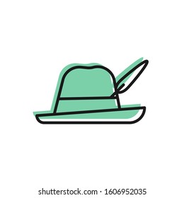 Black line Oktoberfest hat icon isolated on white background. Hunter hat with feather. German hat.  Vector Illustration