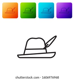 Black line Oktoberfest hat icon isolated on white background. Hunter hat with feather. German hat. Set icons in color square buttons. Vector Illustration