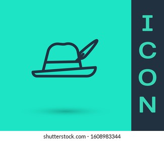 Black line Oktoberfest hat icon isolated on green background. Hunter hat with feather. German hat.  Vector Illustration