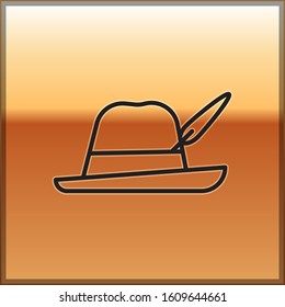 Black line Oktoberfest hat icon isolated on gold background. Hunter hat with feather. German hat.  Vector Illustration