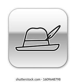 Black line Oktoberfest hat icon isolated on white background. Hunter hat with feather. German hat. Silver square button. Vector Illustration