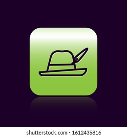 Black line Oktoberfest hat icon isolated on black background. Hunter hat with feather. German hat. Green square button. Vector Illustration