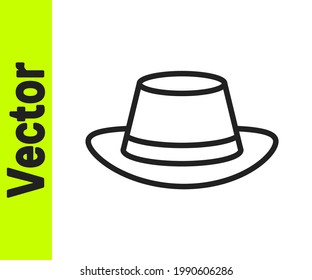 Black line Oktoberfest hat icon isolated on white background. Hunter hat with feather. German hat.  Vector