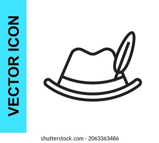 Black line Oktoberfest hat icon isolated on white background. Hunter hat with feather. German hat.  Vector