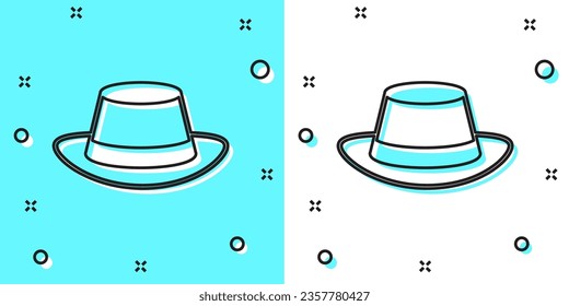 Black line Oktoberfest hat icon isolated on green and white background. Hunter hat with feather. German hat. Random dynamic shapes. Vector